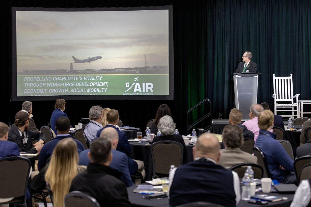 Dean Rob Keynton announces the new Charlotte AIR Institute at the 2023 Airport Engineering Seminar at CLT Airport